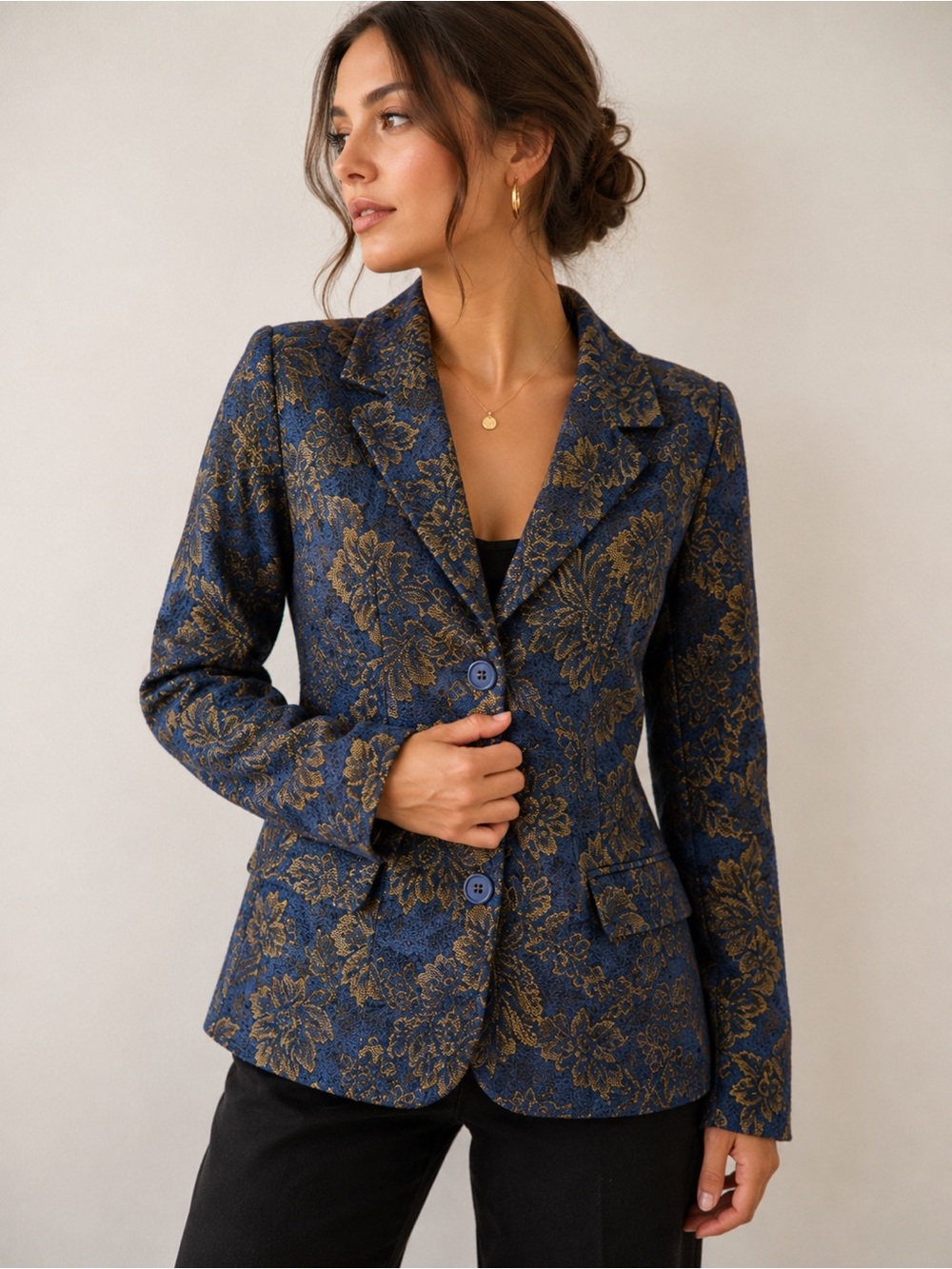 Blue Gold Tapestry Blazer | Baroque Floral Brocade Jacket · Denim & Co